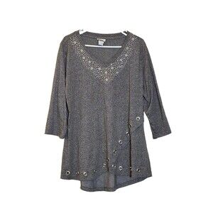 Distinct Women’s XL Gray Tunic Top 3/4 Sleeve Grommet Accent Stretch Shirt Tunic